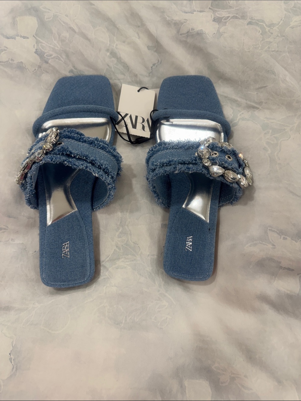 Zara Jeweled Denim Slide Sandals - Women - Picture 2 of 6